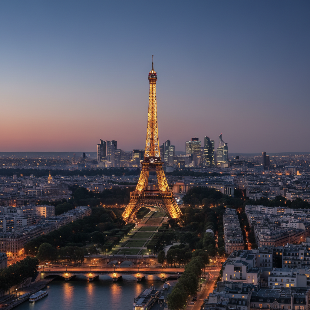 Eiffel Tower cityscape at dusk with modern Paris skyline